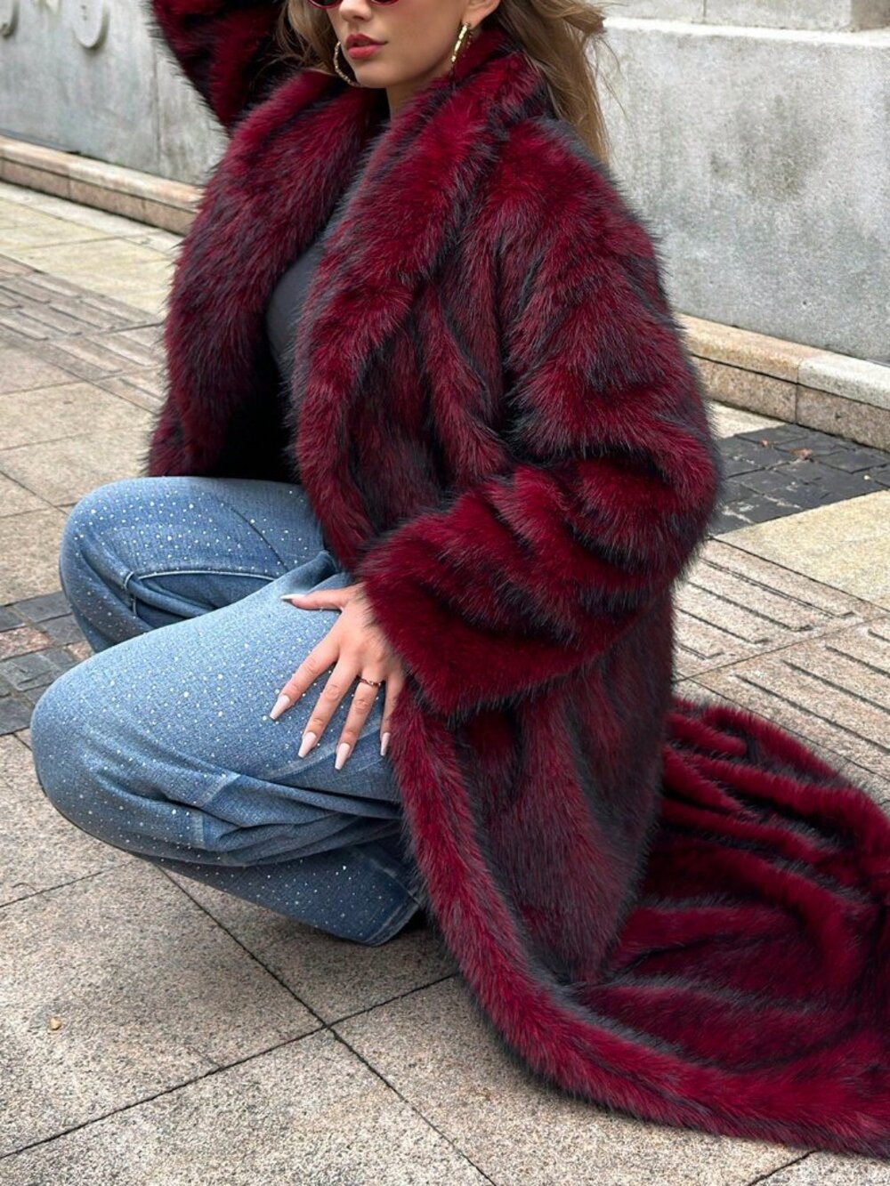 Burgundy Loose Women's Shawl Collared Belted Faux Fur Jacket - Picture 3 of 4